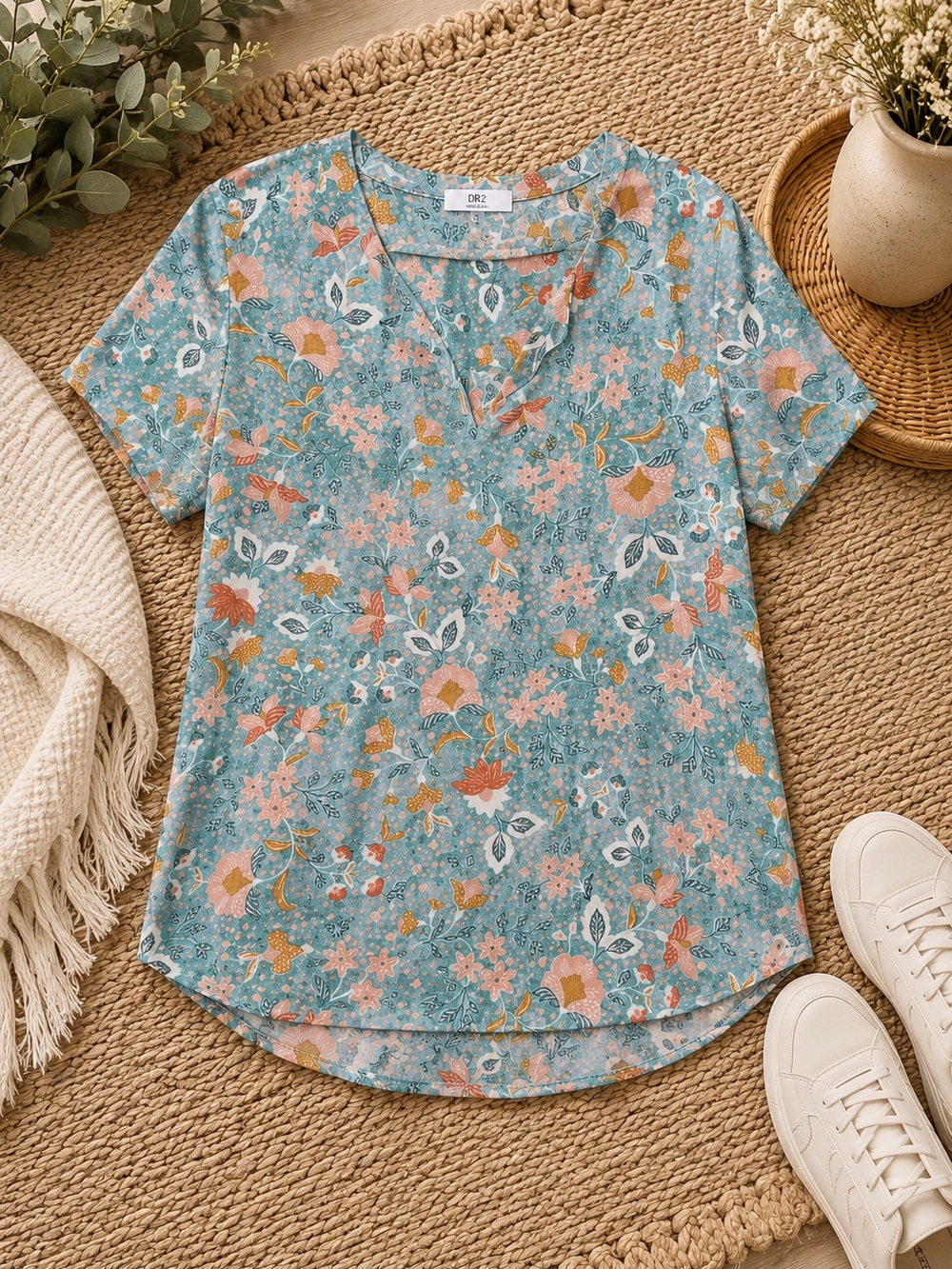 DR2 Teal Floral V-Neck Short Sleeve Blouse